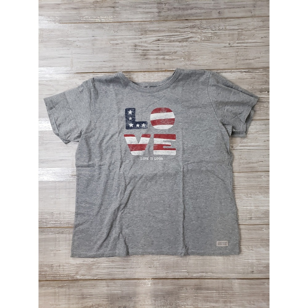 Life Is Good Grey Womens XXL With "LOVE" In An American Flag Pattern NWT